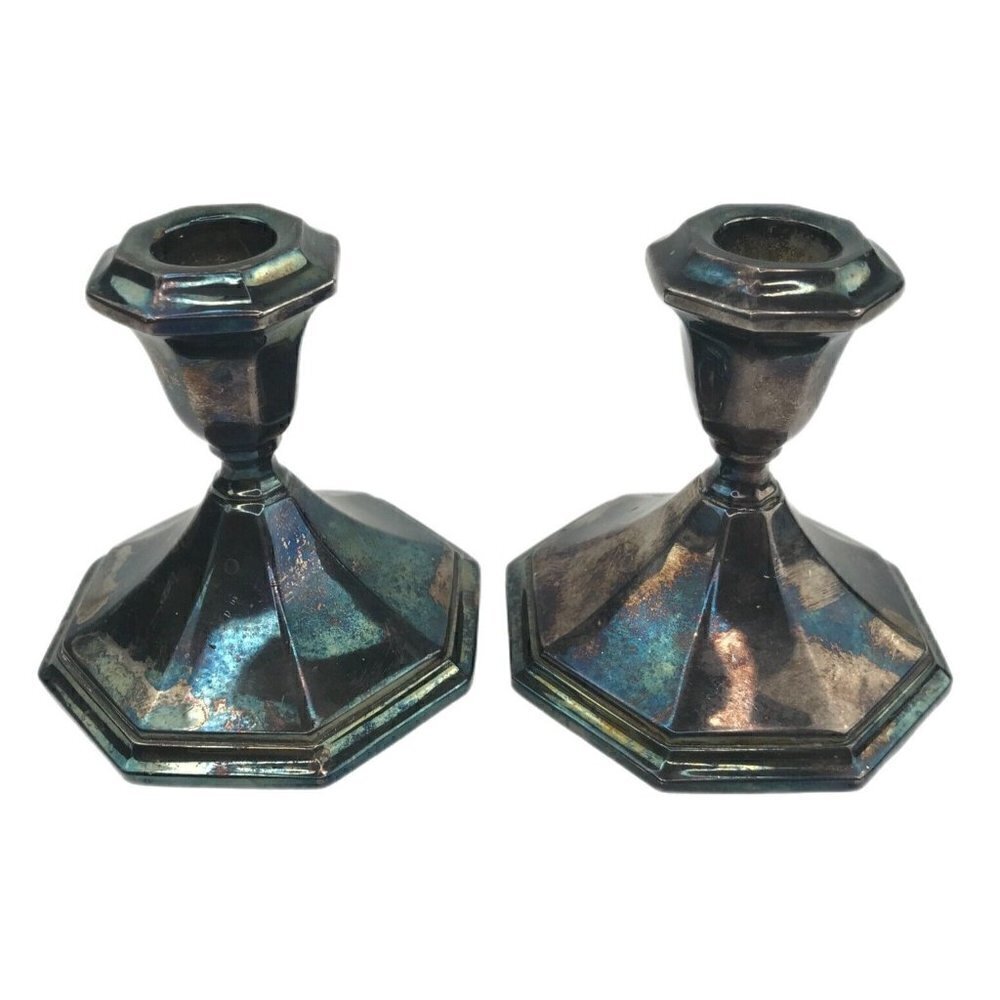 Vintage Lot of 2 Wallace Silver Plated Candlestick Holders 5010 Weighted 3.75" H